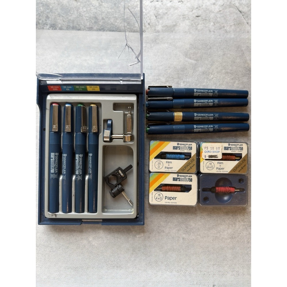 Lot Of 8 Staedtler MarsMatic 700 Drafting Pens-4 Extra Nibs & Accessories